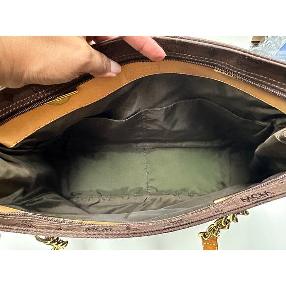 MCM Visetos Nylon Leather Logo Shoulder Tote Bag Brown Large Chain Straps - Picture 15 of 16